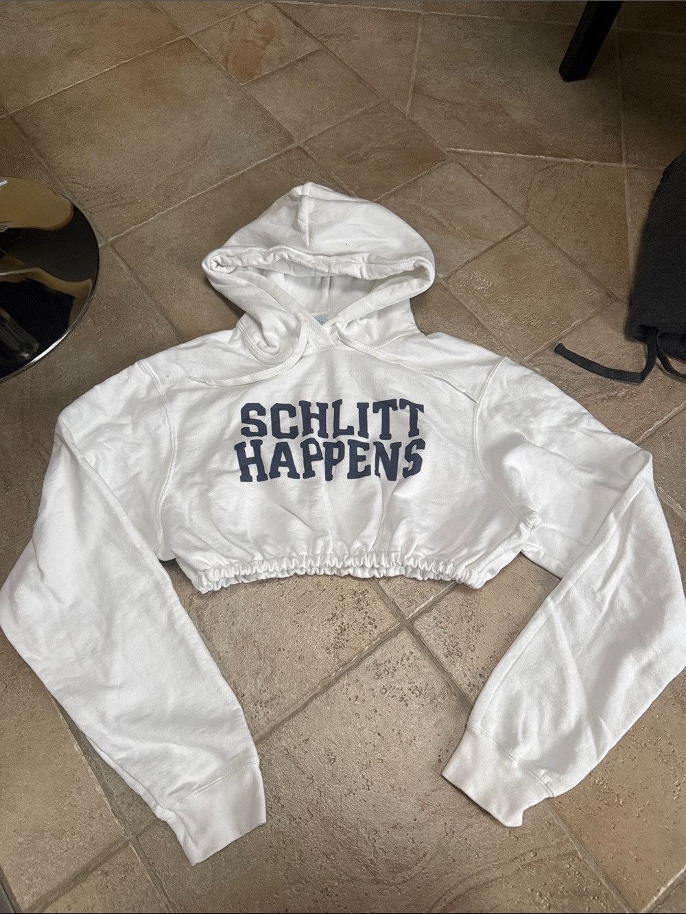 White "Schlitt Happens" Cropped Hoodie